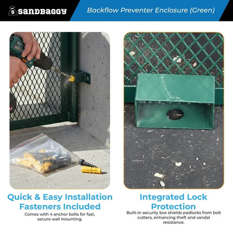 Rock Solid 24x24x12 Wall Mount Backflow Security Cage Heavy Duty Green Steel Enclosure For Outdoor Plumbing Gear installation with drill and accessories.
