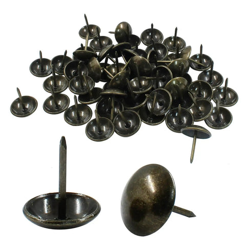 Top Shelf Bronze Upholstery Tacks 3/4 Inch Metal Furniture Pins For Chair Repair And Sofa Restoration Vintage Kicker Hardware 100 Piece Pack scattered on white background.