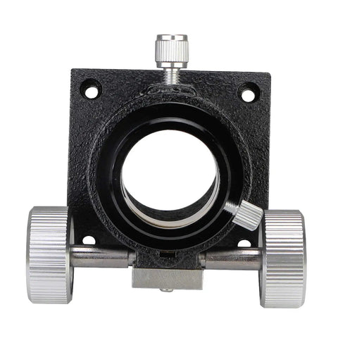 Front view of Rack And Pinion 1.25 Inch Focuser for Newtonian Reflectors with 65mm travel, brass ring design, and fine-tune focus knobs.