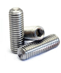 Heavy Duty M3 X 5MM Cup Point Set Screws, Stainless Steel Socket Bolts DIN 916, 10 Pack showing three bolts with hex heads in shiny finish.