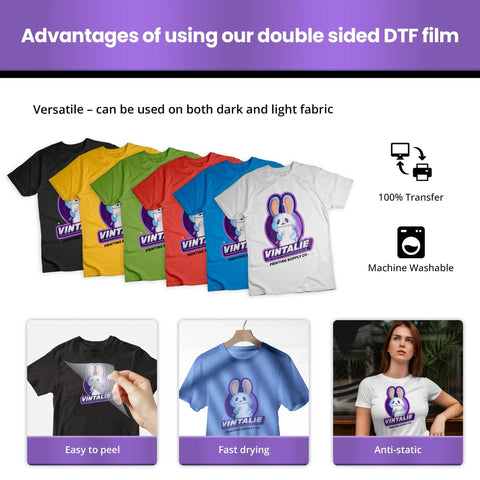 Advantages of double sided DTF film for t-shirts with focus on ease of peel, fast drying, anti-static features, and vibrant colors.