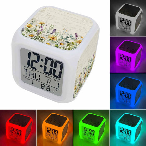 Dead Quiet Daisy Digital Alarm Clock For Bedroom showing vintage flower design with temperature display and nightlight modes.