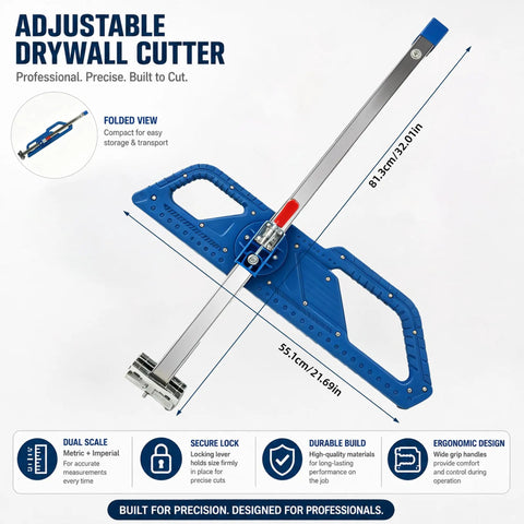 Pro Drywall Cutter With Tungsten Carbide Wheel, Foldable Design And 25 Bearing Glide System For Smooth, Sharp Cuts, No Blade Replacement Needed, Heavy Duty, Lightweight Build For Quick, Safe Wall Prep And Injury Free Rips, adjustable drywall cutter shown folded