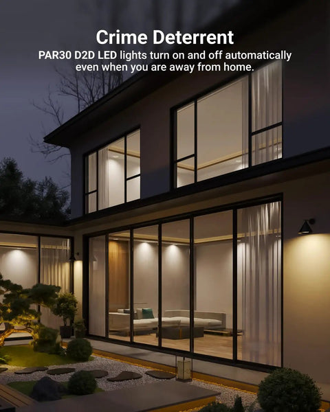 Two Pack PAR30 LED Dusk To Dawn Flood Bulbs With Photocell Sensor illuminating modern house exterior at night