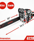 Beastly 20 Inch Gas Chainsaw With 62cc 3.4HP Two Stroke Engine Auto Oiler Low Kickback Chain dimensions highlighted in red