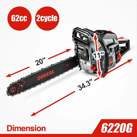 Beastly 20 Inch Gas Chainsaw With 62cc 3.4HP Two Stroke Engine Auto Oiler Low Kickback Chain dimensions highlighted in red