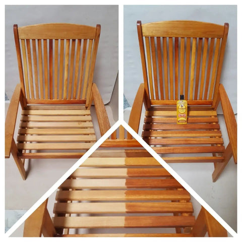 Wood chair treated with Sun Shield Wood Wax With UV Protection For Outdoor Furniture Gallon, wood rejuvenation shown