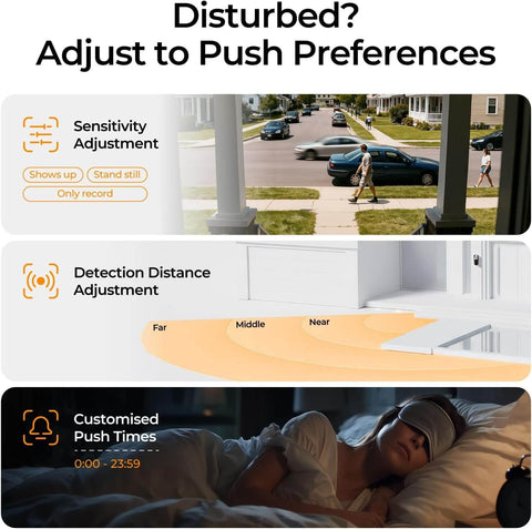 Features of Wireless Doorbell Camera With Chime And Solar Assisted Battery displayed, including sensitivity, distance, and push settings.