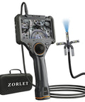 Dual Lens 360 Degree Borescope With Light, 5 Inch HD Monitor, 4 Way Joystick Inspection Camera, Pro Grade Slim 0.25 Inch Probe, 5 Ft SemiRigid Industrial Endoscope For Automotive Maintenance And Mechanical Diagnostics showing case and probe