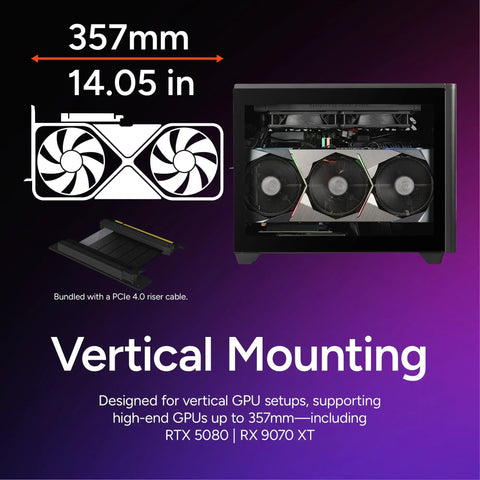 NR200P V2 Mini ITX PC Case Built For SFX PSU 280mm AIO Ready 357mm Vertical GPU Mount Tempered Glass DIY Friendly Nvidia RTX 5090 And AMD RX 9070 XT Build showing vertical mounting support
