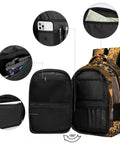 Wild Leopard Print Backpack For Everyone showing open compartments, smooth zipper, durable polyester material, and interior storage pockets.
