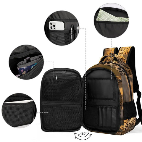 Wild Leopard Print Backpack For Everyone showing open compartments, smooth zipper, durable polyester material, and interior storage pockets.