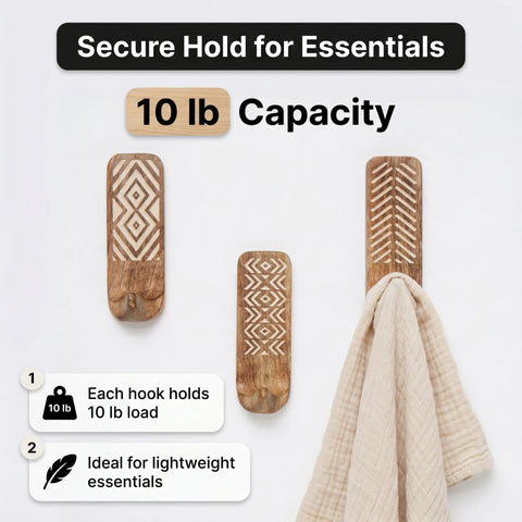 Top Tier Boho Wood Peel And Stick Wall Hooks Featuring A Seriously Strong Adhesive Grip securely hold a towel with 10 lb capacity.