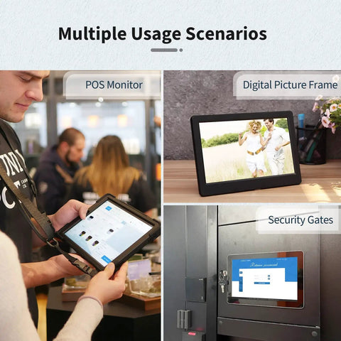 Image showcasing Slick 27 Inch Android 11 Touchscreen Monitor, FHD 1080P Smart All In One PC in various usage scenarios.