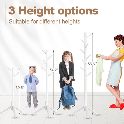 Three adjustable heights of wooden coat rack stand with eight hooks showcased with a child and adult for scale.