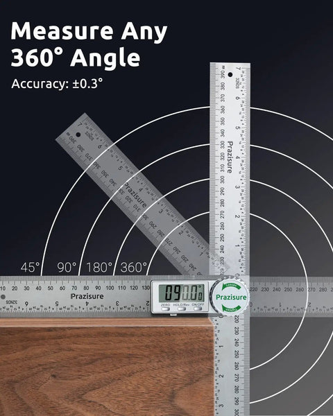 Pro Level Digital Angle Finder Protractor With Roomy Screen For Woodworking And Diy Hustles Featuring Sick Aluminum Build And Dead On Accuracy Calibration Plus Fast Wake Up Feature measuring a 90° angle with clear display on a wooden surface.