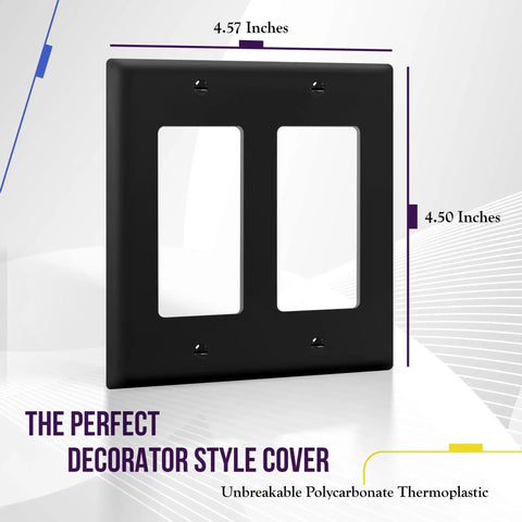 Decorator Two-Gang Wall Plate For Light Switch Or Receptacle Black Unbreakable Polycarbonate Thermoplastic UL Listed 8832 BK