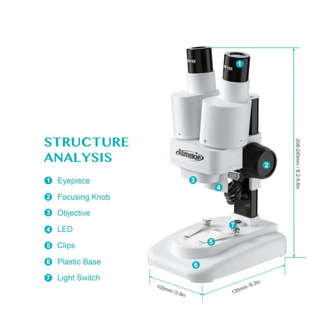 Grab And Go Portable Stereo Microscope With 20X And 50X Magnification, LED Light, WF Eyepieces, And 65 To 102 Mm Working Distance, Great For Insect Specimens And Mineral Studies, Includes 10 Slides And 12 Mineral Specimens, structure analysis with eyepiece and base