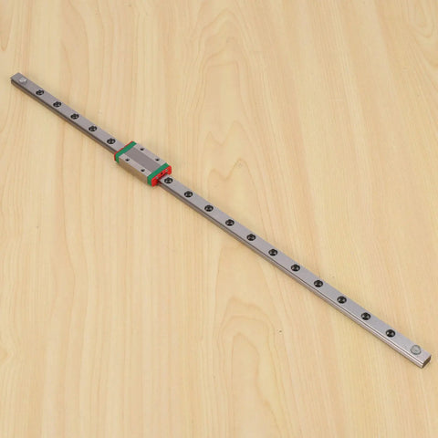Premium MGN9 Linear Guide Kit With Six 400Mm Rails And Matching Sliders, showing a rail with mounted slider on a wooden surface.