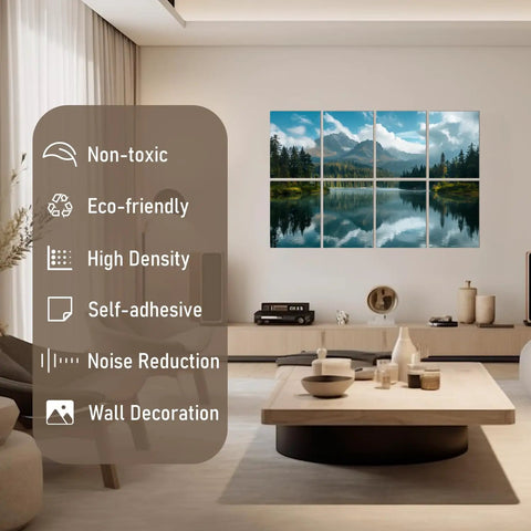 Decorative Acoustic Wall Panels With Heavy Duty Adhesive Peel And Stick Sound Proof Foam Tiles For No Sweat Noise Dampening in a stylish living room.