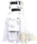 Badass Men's Utility Kilt Tailored From Heavy 16 Oz Premium Cotton With Four Genuine Leather Straps Deep Cargo Pockets And Sharp Front Pleats In Clean White, showing leather straps and cargo pocket.