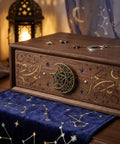Top Shelf Hollow Moon And Star Cabinet Knobs Combined With Threaded Drawer Pulls For Instant Home Upgrade Plus Straight Up Slick Geometric Decor Hardware Set on a wooden drawer.