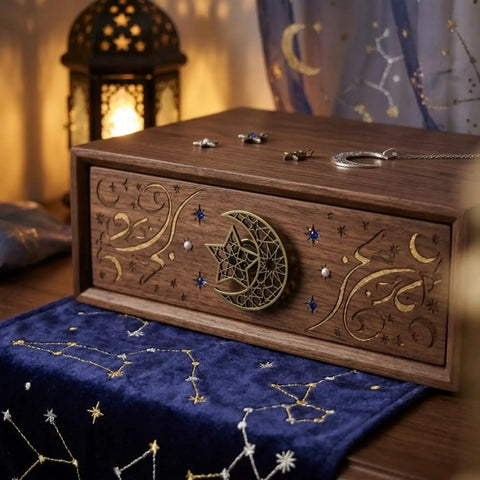 Top Shelf Hollow Moon And Star Cabinet Knobs Combined With Threaded Drawer Pulls For Instant Home Upgrade Plus Straight Up Slick Geometric Decor Hardware Set on a wooden drawer.
