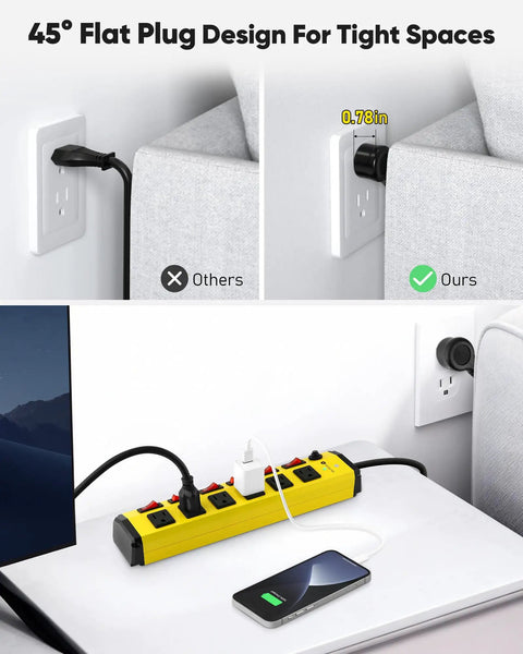 Heavy Duty Power Strip With Individual Switches Six Outlet Metal Workhorse Surge Protector in use with flat plug design