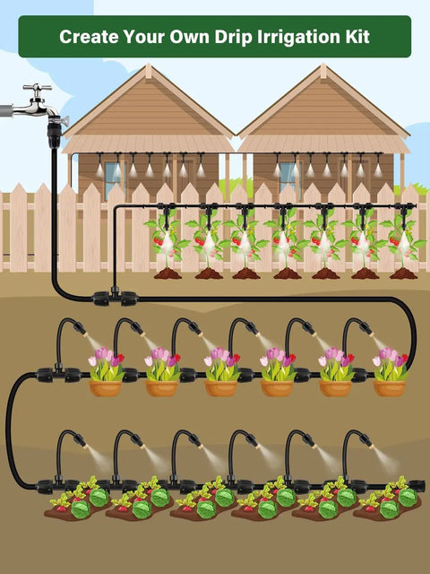 Illustration of drip irrigation using Thirty Piece One Quarter Inch Quick Connect Brass Misting Nozzles Set For Drip Irrigation Sprayer Copper Atomizing Nozzle Micro Sprinklers Garden Lawn Greenhouse Outdoor Cooling System.