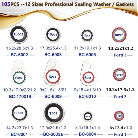 Chart showing sizes and specifications of sealing washers in Must Have AC Seal Kit 195Pcs O Ring And Gasket Set for automotive systems.