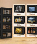 Heavy Duty Fold Flat Storage Bins With Slick Dual Front Door Access And Secure Lids Built Different Stackable Plastic Organizer Totes For Your Garage Office Pantry Or Home Gear Setup 4 Pack Black Nine Gallon Capacity Each, organized storage with clear front doors for easy access.