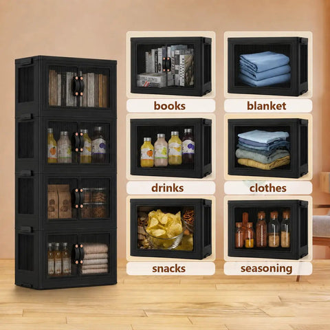 Heavy Duty Fold Flat Storage Bins With Slick Dual Front Door Access And Secure Lids Built Different Stackable Plastic Organizer Totes For Your Garage Office Pantry Or Home Gear Setup 4 Pack Black Nine Gallon Capacity Each, organized storage with clear front doors for easy access.