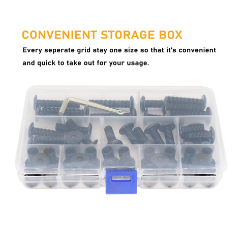 Black M8 Countersunk Socket Cap Bolts And Cap Nuts 50 Piece Assortment Kit in storage box for furniture connectors