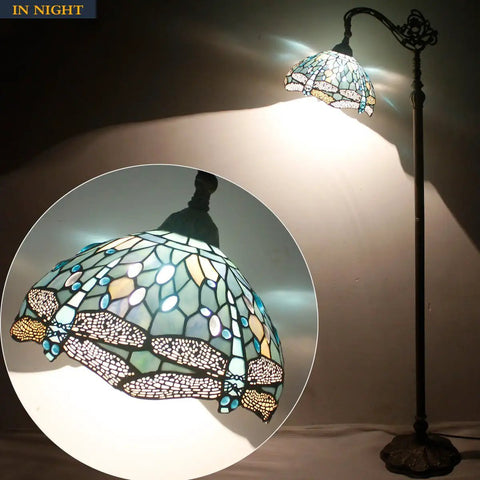 Sea Blue Dragonfly Tiffany Lamp Shade Replacement 12x6 Inch Stained Glass With 1 And 5 Eighths Inch Fitter on floor lamp