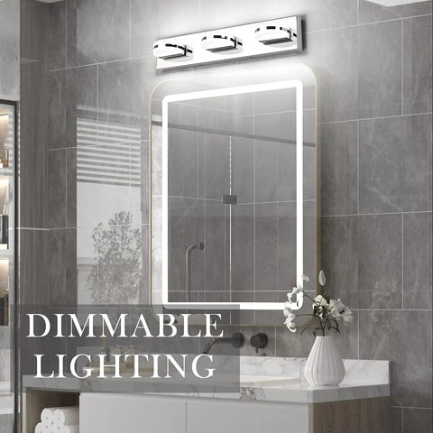 Three Light Dimmable Modern LED Vanity Light For Bathroom With Frosted White Acrylic Chrome Finish Up And Down Wall Fixtures Over Mirror, Daylight White 6000K High CRI Adjustable Direction For Perfect Grooming installed above bathroom mirror
