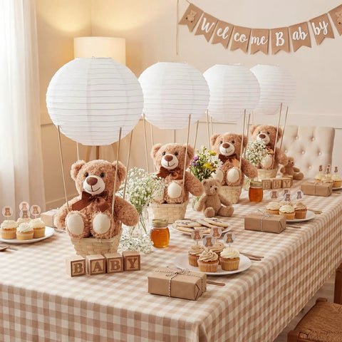 Six Set Large Hot Air Balloon Centerpiece Kit With 13.7 Inch Plush Bears White Paper Lantern Baskets Sticks And Glue Gun For Baby Shower