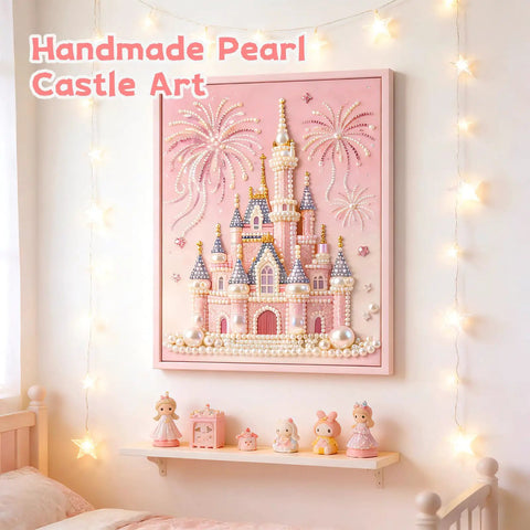 Dope 3D Castle Beaded Art Kit With Pearl Painting, Plastic Pearl Craft For Adults And Beginners in a pink frame, wall decor.
