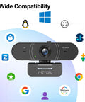 Fresh 1080P Full HD Webcam For Pc With Built In Mic And Privacy Slide Cover Slick Auto Focus Desktop Plug Play Camera on a desktop with compatibility logos.