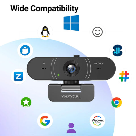 Fresh 1080P Full HD Webcam For Pc With Built In Mic And Privacy Slide Cover Slick Auto Focus Desktop Plug Play Camera on a desktop with compatibility logos.