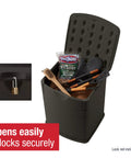 19 Gallon Resin Outdoor Deck Box Weatherproof Storage Brown UV Resistant Water Tight Lid Doubles As End Table with grilling gear