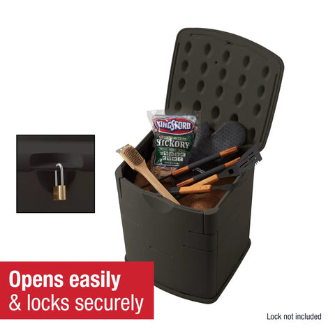 19 Gallon Resin Outdoor Deck Box Weatherproof Storage Brown UV Resistant Water Tight Lid Doubles As End Table with grilling gear