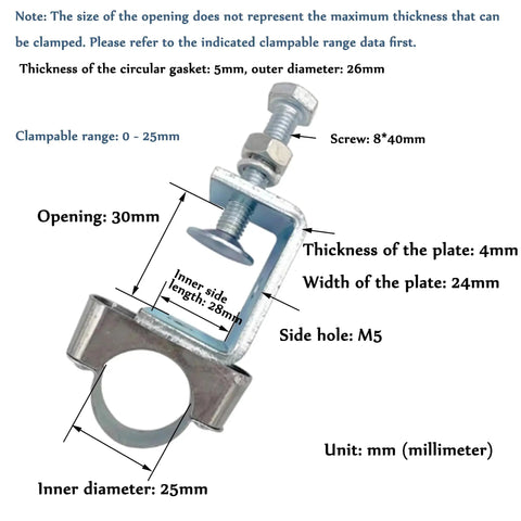 Close-up of Galvanized Steel I Beam Cable Clamps Kit showing dimensions and features for DIY conduit mounting.