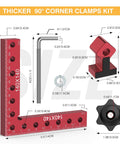 Pro Grade Corner Clamp Set For Woodworking 90 Degree Right Angle Clamps Aluminum Alloy With Extended Five And A Half Inch By Five And A Half Inch Clamping Range Four Pack For DIY Picture Frames Boxes Cabinets And Drawers, red L-shaped clamp with precision measurements.