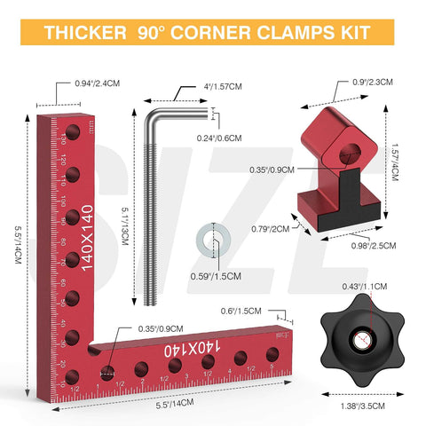 Pro Grade Corner Clamp Set For Woodworking 90 Degree Right Angle Clamps Aluminum Alloy With Extended Five And A Half Inch By Five And A Half Inch Clamping Range Four Pack For DIY Picture Frames Boxes Cabinets And Drawers, red L-shaped clamp with precision measurements.