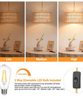 Handcrafted Boho Plug In Pendant Light With Artisan Woven Shade, Easy Three Way Switch, Extended Cord For Serious Chill Living Room Aura And Definitely Solid Decor Flex Year Round showcasing three brightness levels.