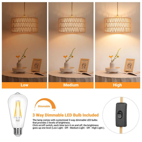 Handcrafted Boho Plug In Pendant Light With Artisan Woven Shade, Easy Three Way Switch, Extended Cord For Serious Chill Living Room Aura And Definitely Solid Decor Flex Year Round showcasing three brightness levels.