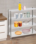 Heavy Duty Stainless Steel Four Tier Adjustable Pantry Shelf Rock Solid Freestanding Metal Storage Rack For Kitchen And Garage Organization with bowls and jars.