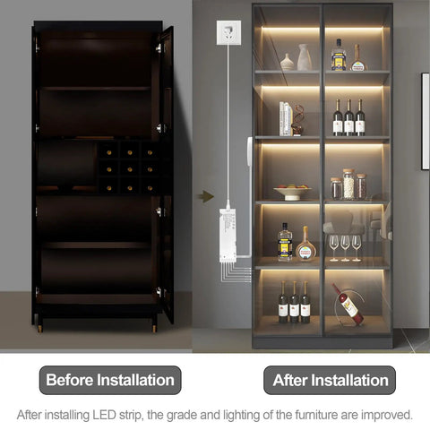 12V Warm White COB LED Strip Light Kit with 6.56Ft length installed in wine cabinet, demonstrating bright, even lighting with no dark spots