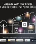 Diagram of home with Smart 60W A19 Color Ambiance LED Bulbs highlighting control via Hue app, Alexa, Google Assistant integration.