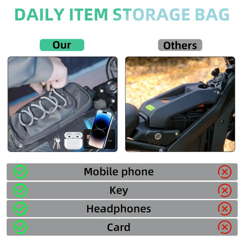 Rugged Electric Dirt Bike Front Frame Bag Built For Sur Ron Surron Ebikes With Universal Fit Holds ID Phone Keys Wallet And Garage Door Opener In Black For Quick Access On Any Trail Ride, black tarpaulin frame bag with phone, keys and card